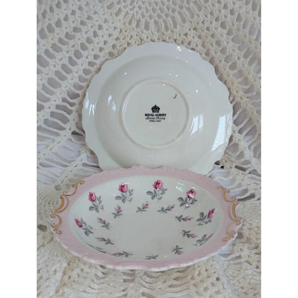 Royal Albert Pink Rose Bone China Shallow Berry Nut Dessert Bowls Set of 2 Gold